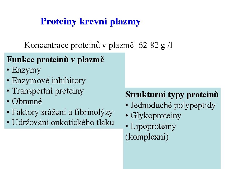 Proteiny krevní plazmy Koncentrace proteinů v plazmě: 62 -82 g /l Funkce proteinů v
