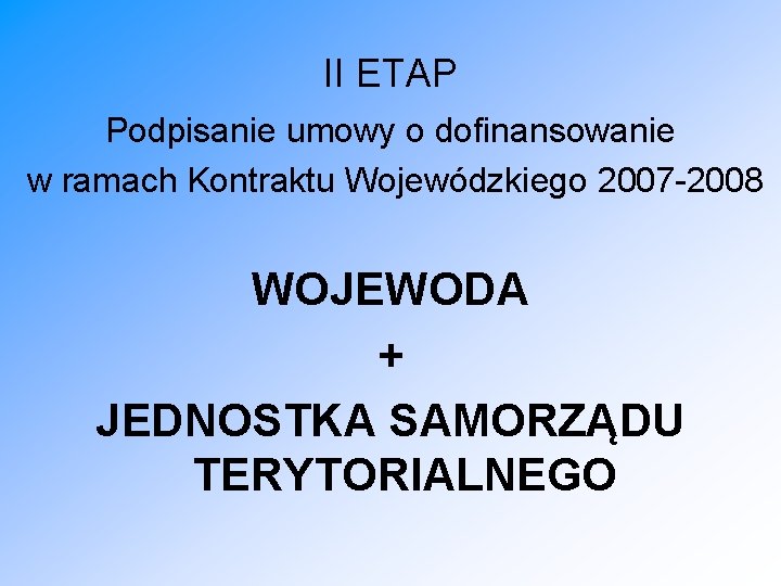II ETAP Podpisanie umowy o dofinansowanie w ramach Kontraktu Wojewódzkiego 2007 -2008 WOJEWODA +
