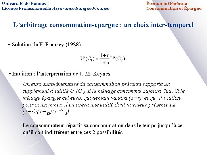 Université de Rennes I Licence Professionnelle Assurance Banque Finance Économie Générale Consommation et Épargne