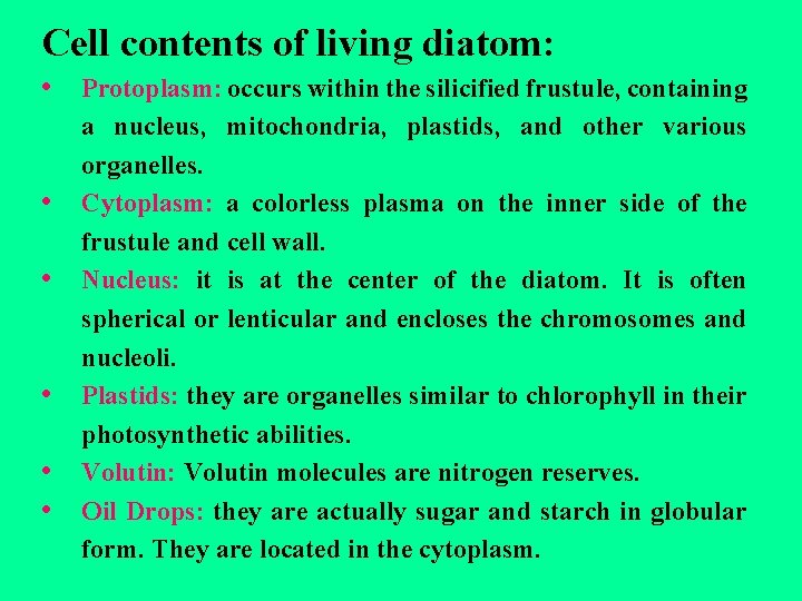 Cell contents of living diatom: • Protoplasm: occurs within the silicified frustule, containing •