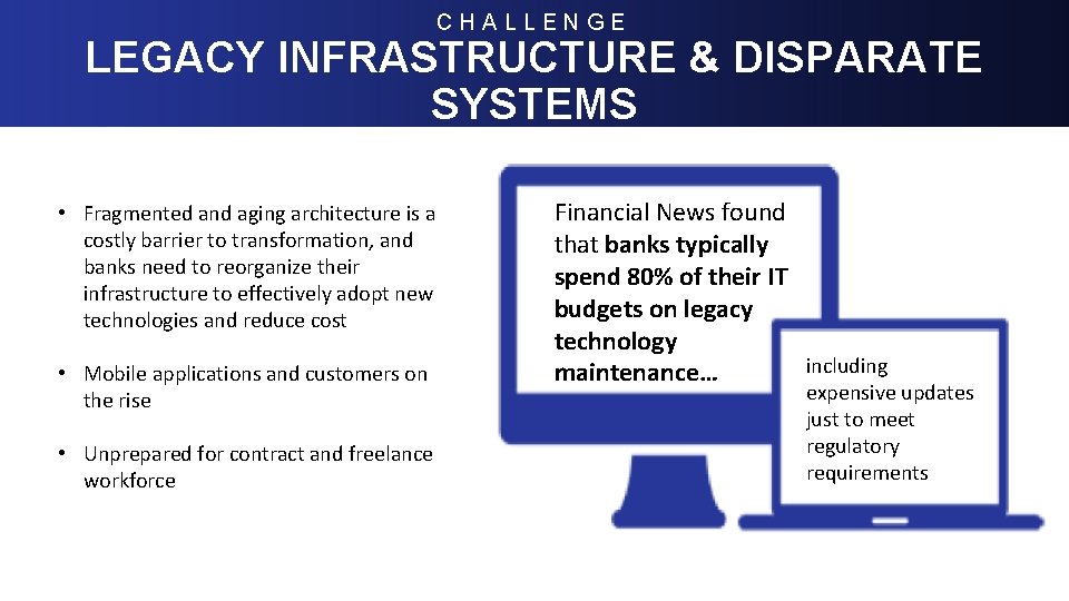CHALLENGE LEGACY INFRASTRUCTURE & DISPARATE SYSTEMS • Fragmented and aging architecture is a costly
