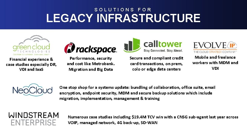 SOLUTIONS FOR LEGACY INFRASTRUCTURE Financial experience & case studies especially DR, VDI and Iaa.