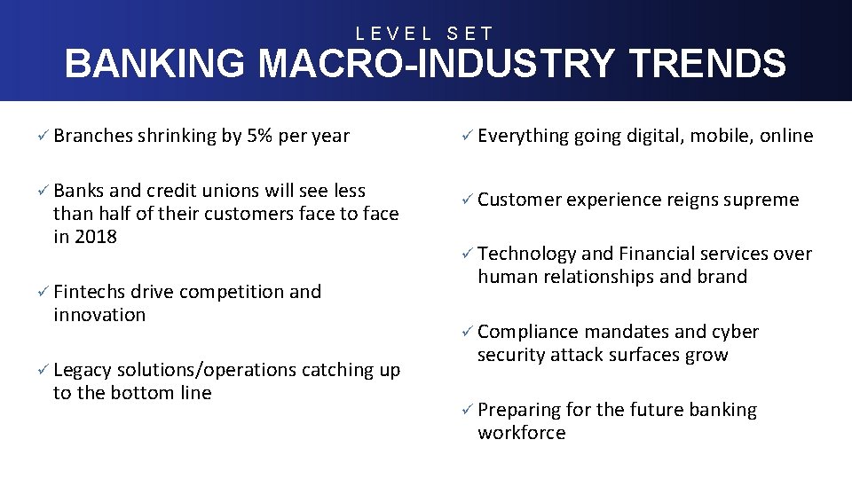 LEVEL SET BANKING MACRO-INDUSTRY TRENDS Level-Set; Real Estate Macro-Industry Trends ü Branches shrinking by