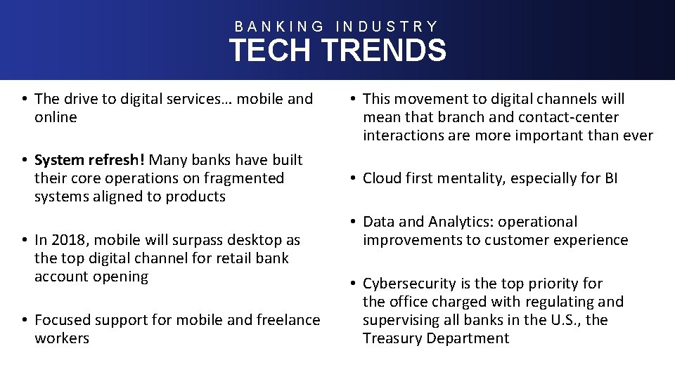 BANKING INDUSTRY TECH TRENDS • The drive to digital services… mobile and online •
