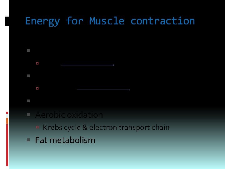 Energy for Muscle contraction Hydrolysis of high-energy compound ATP myosin ATPase ADP + Pi