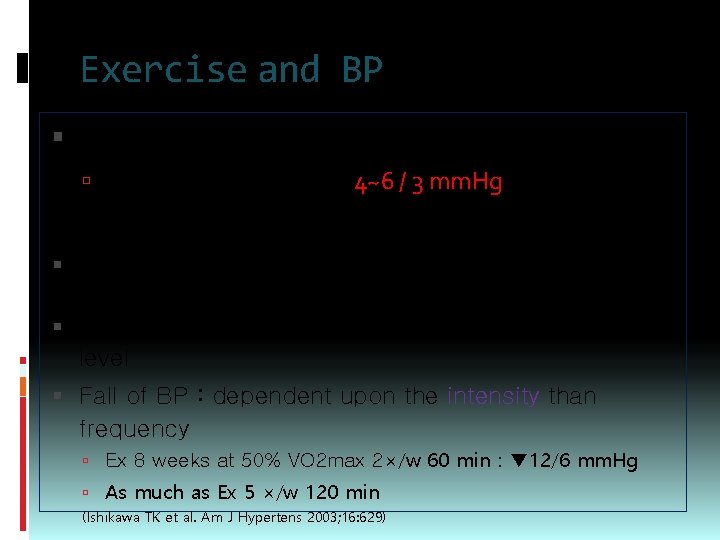 Exercise and BP Meta-analysis of RCT Mean reduction of BP : 4~6 / 3