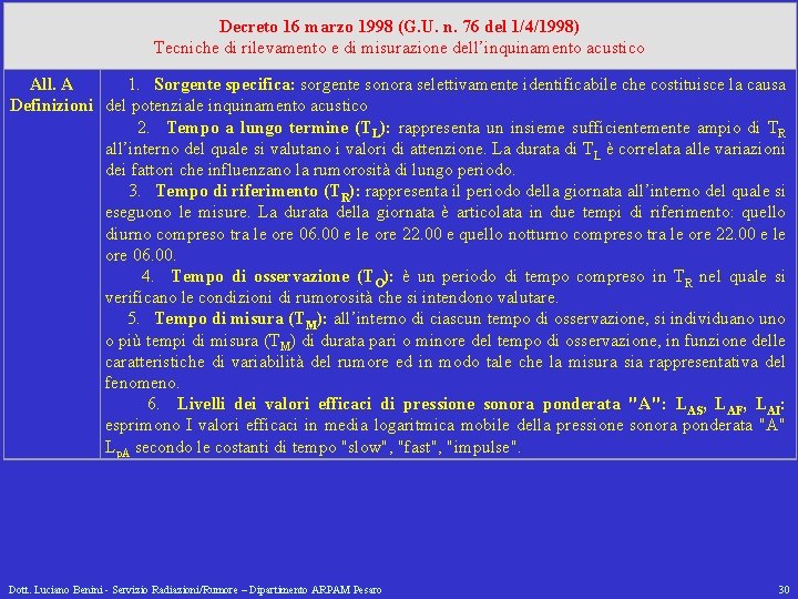 Decreto 16 marzo 1998 (G. U. n. 76 del 1/4/1998) Tecniche di rilevamento e