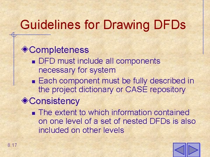 Guidelines for Drawing DFDs Completeness n n DFD must include all components necessary for