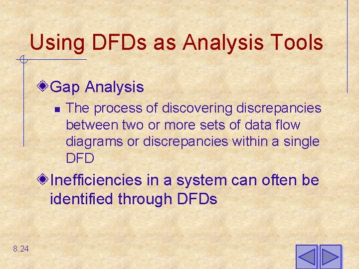 Using DFDs as Analysis Tools Gap Analysis n The process of discovering discrepancies between