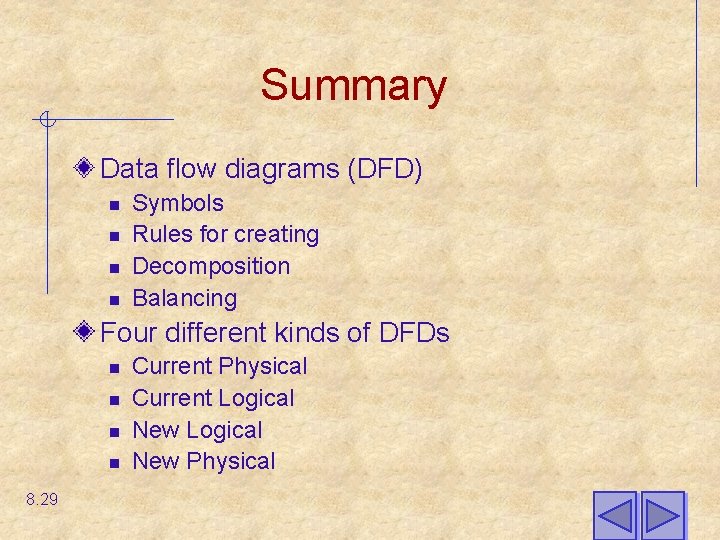 Summary Data flow diagrams (DFD) n n Symbols Rules for creating Decomposition Balancing Four