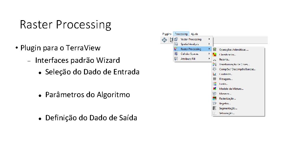 Raster Processing • Plugin para o Terra. View Interfaces padrão Wizard Seleção do Dado