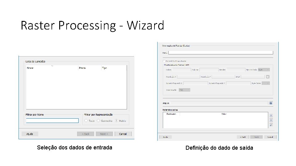 Raster Processing - Wizard Seleção dos dados de entrada Definição do dado de saída
