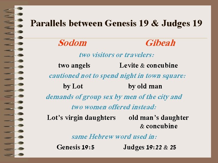 Parallels between Genesis 19 & Judges 19 Sodom Gibeah two visitors or travelers: two