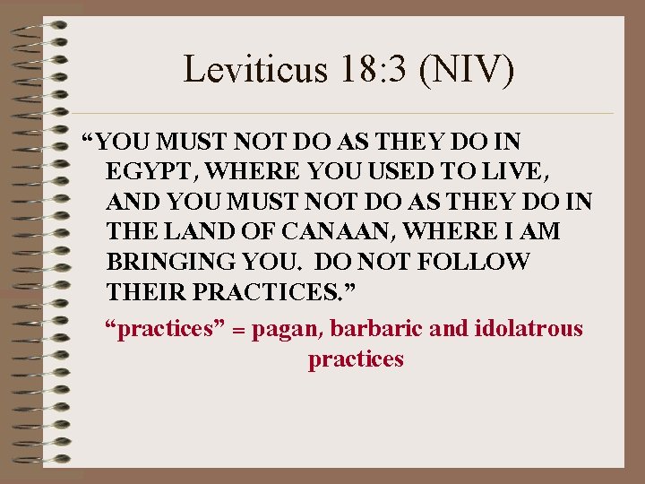 Leviticus 18: 3 (NIV) “YOU MUST NOT DO AS THEY DO IN EGYPT, WHERE