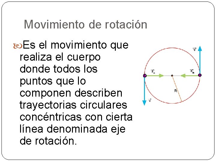 Movimiento de rotación Es el movimiento que realiza el cuerpo donde todos los puntos