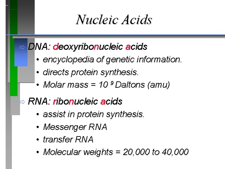 Nucleic Acids ð DNA: • • • encyclopedia of genetic information. directs protein synthesis.