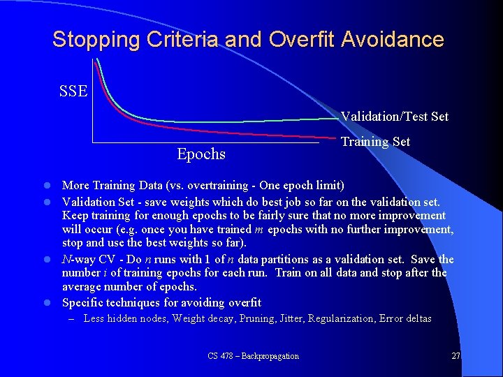 Stopping Criteria and Overfit Avoidance SSE Validation/Test Set Epochs Training Set More Training Data