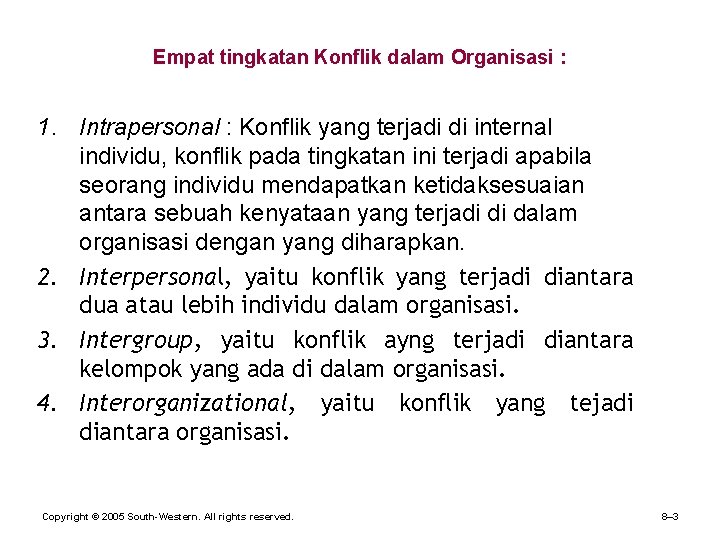 Empat tingkatan Konflik dalam Organisasi : 1. Intrapersonal : Konflik yang terjadi di internal