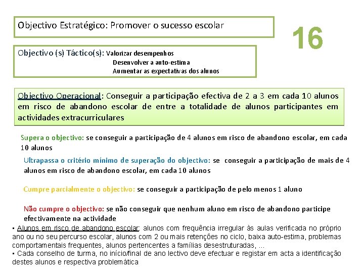 Objectivo Estratégico: Promover o sucesso escolar Objectivo (s) Táctico(s): Valorizar desempenhos 16 Desenvolver a