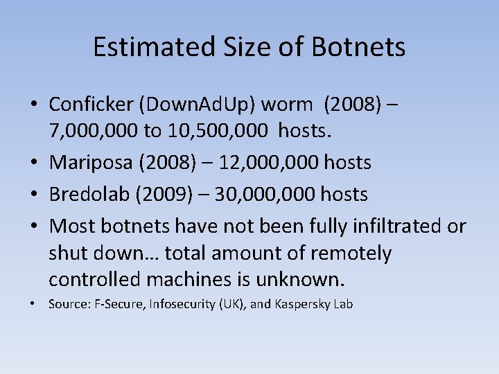 Estimated Size of Botnets • Conficker (Down. Ad. Up) worm (2008) – 7, 000