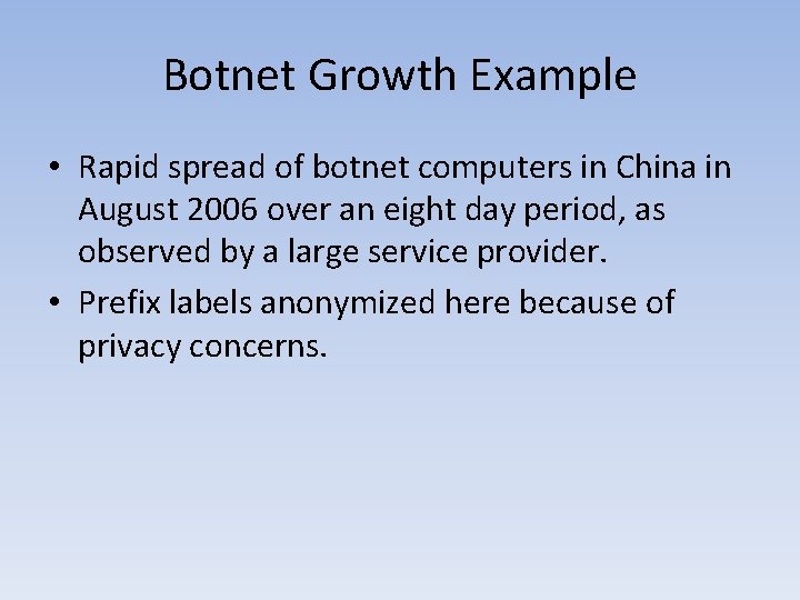 Botnet Growth Example • Rapid spread of botnet computers in China in August 2006