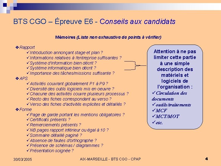 BTS CGO – Épreuve E 6 - Conseils aux candidats Mémoires (Liste non exhaustive