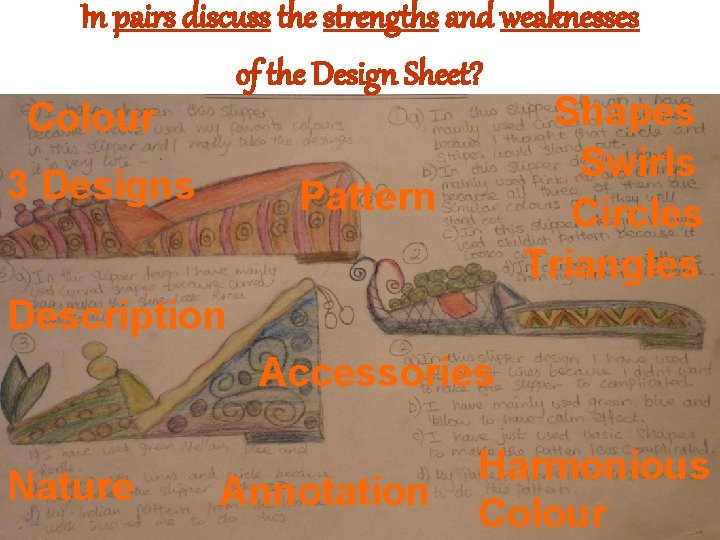 In pairs discuss the strengths and weaknesses of the Design Sheet? Shapes Colour Swirls