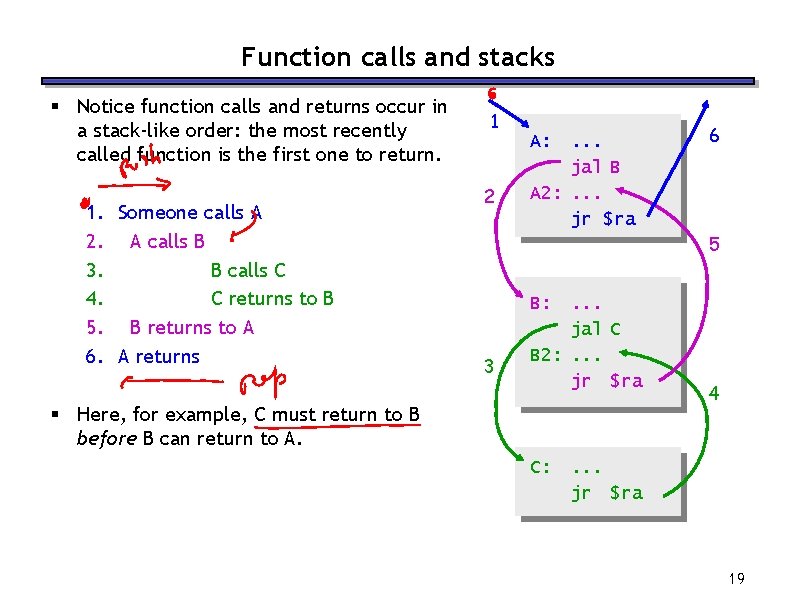 Function calls and stacks § Notice function calls and returns occur in a stack-like