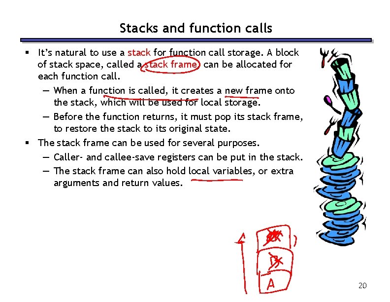 Stacks and function calls § It’s natural to use a stack for function call
