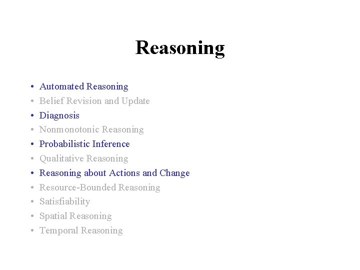 Reasoning • • • Automated Reasoning Belief Revision and Update Diagnosis Nonmonotonic Reasoning Probabilistic