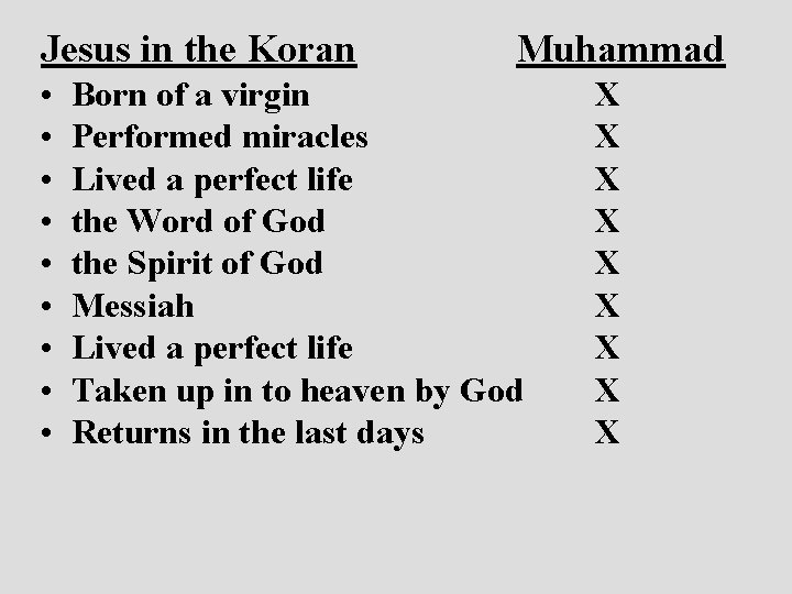 Jesus in the Koran • • • Muhammad Born of a virgin Performed miracles