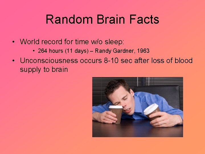 Random Brain Facts • World record for time w/o sleep: • 264 hours (11