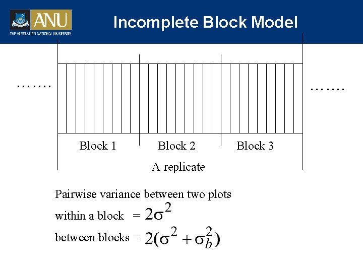 Incomplete Block Model ……. Block 1 Block 2 A replicate Pairwise variance between two