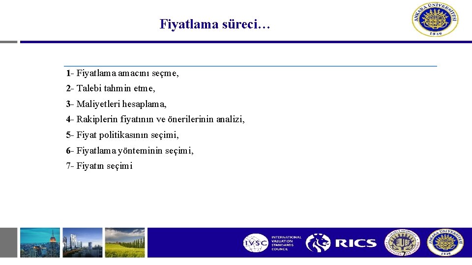 Fiyatlama süreci… 1 - Fiyatlama amacını seçme, 2 - Talebi tahmin etme, 3 -