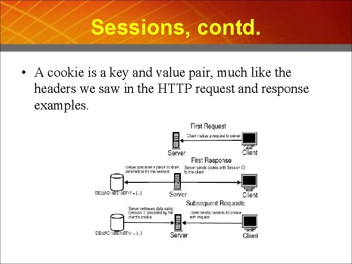 Sessions, contd. • A cookie is a key and value pair, much like the