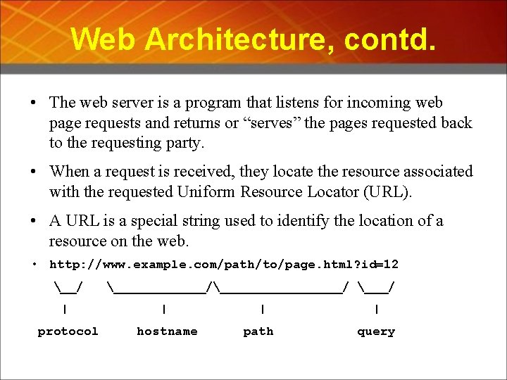 Web Architecture, contd. • The web server is a program that listens for incoming