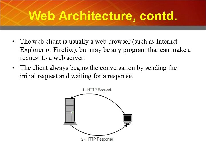 Web Architecture, contd. • The web client is usually a web browser (such as