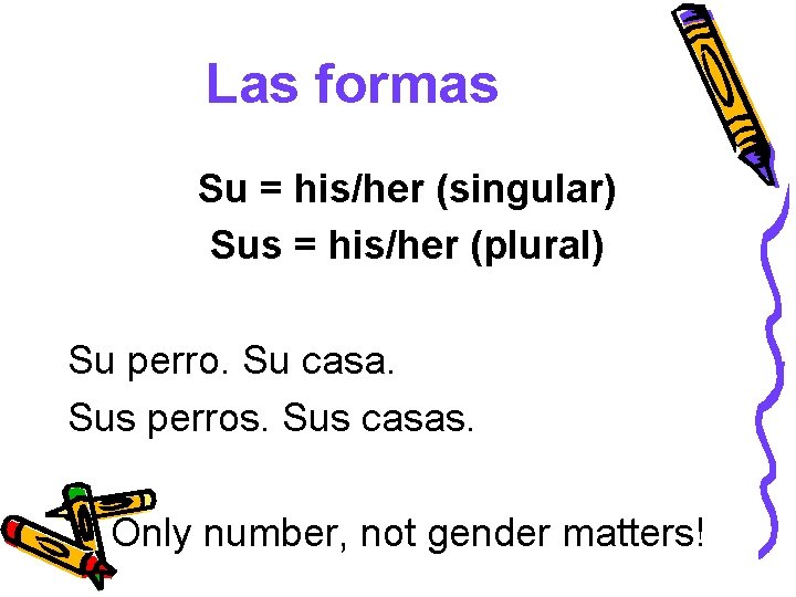 Las formas Su = his/her (singular) Sus = his/her (plural) Su perro. Su casa.