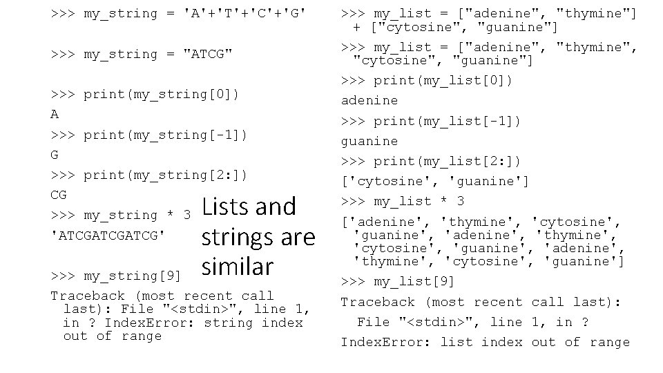 >>> my_string = 'A'+'T'+'C'+'G' >>> my_string = "ATCG" >>> print(my_string[0]) A >>> print(my_string[-1]) G