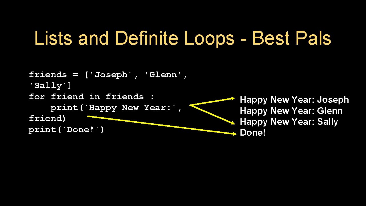 Lists and Definite Loops - Best Pals friends = ['Joseph', 'Glenn', 'Sally'] for friend