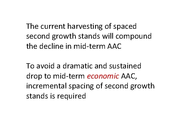 The current harvesting of spaced second growth stands will compound the decline in mid-term