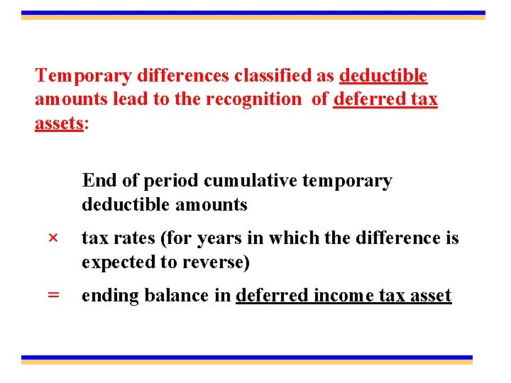 Temporary differences classified as deductible amounts lead to the recognition of deferred tax assets: