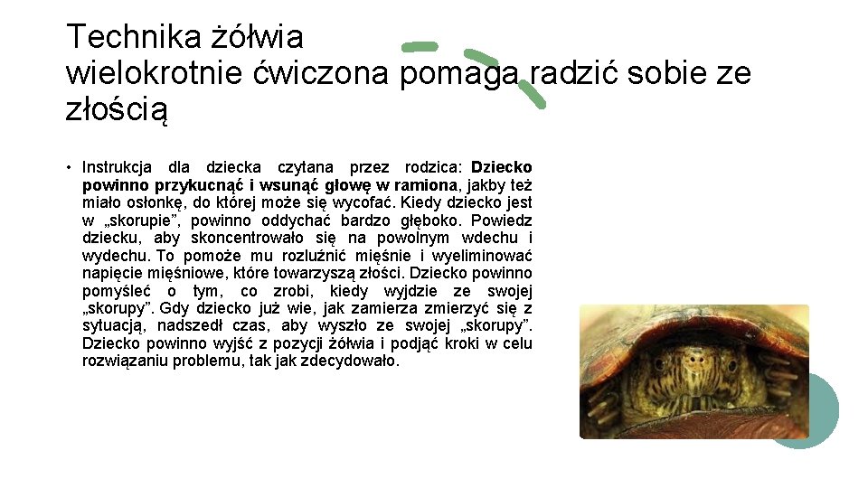 Technika żółwia wielokrotnie ćwiczona pomaga radzić sobie ze złością • Instrukcja dla dziecka czytana