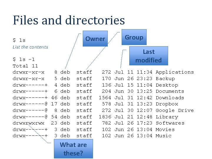 Files and directories $ ls -l Total 11 drwxr-xr-x drwx------+ drwx------@ drwxrwxrwx drwx------+ Group