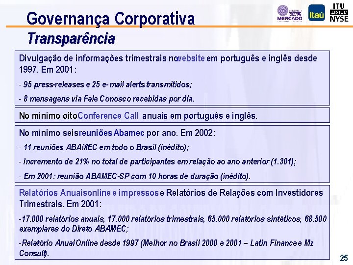 Governança Corporativa Transparência Divulgação de informações trimestrais nowebsite em português e inglês desde 1997.