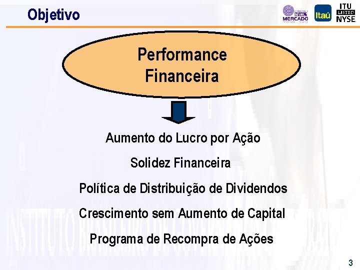 Objetivo Performance Financeira Aumento do Lucro por Ação Solidez Financeira Política de Distribuição de