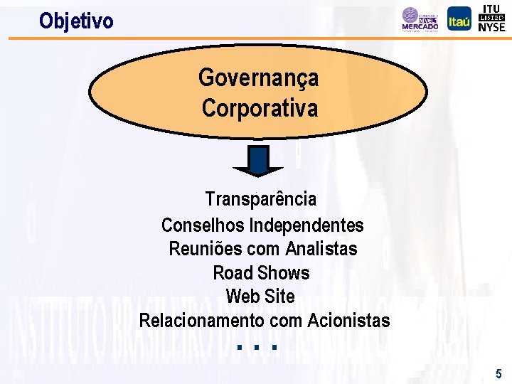 Objetivo Governança Corporativa Transparência Conselhos Independentes Reuniões com Analistas Road Shows Web Site Relacionamento