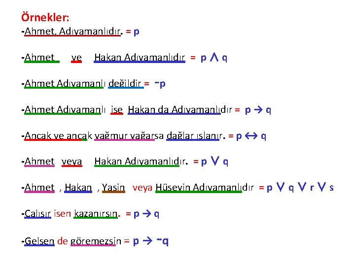 Örnekler: -Ahmet, Adıyamanlıdır. = p -Ahmet ve Hakan Adıyamanlıdır = p ∧ q -Ahmet