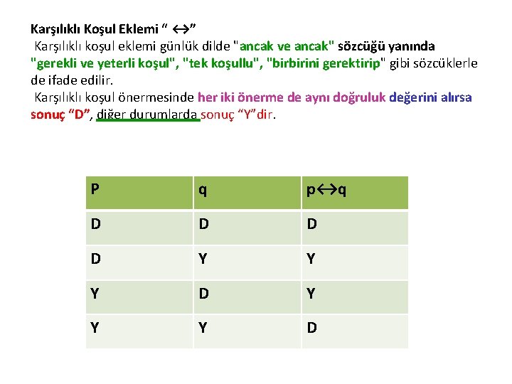 Karşılıklı Koşul Eklemi “ ↔” Karşılıklı koşul eklemi günlük dilde "ancak ve ancak" sözcüğü