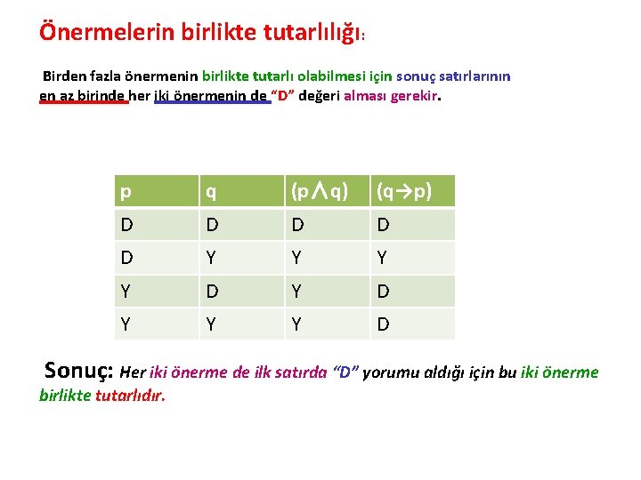 Önermelerin birlikte tutarlılığı: Birden fazla önermenin birlikte tutarlı olabilmesi için sonuç satırlarının en az